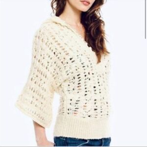 Free People Cream Colored Knit Sheer Button Closure Hooded Sweater Bohemian